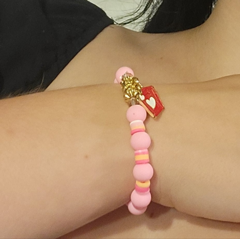 Kids Pink Bracelet with Gold and Red Heart Card Charm